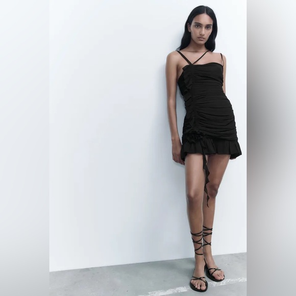NWT ZARA Ruffled Dress with Flower  Black Mini Dress Romantic Feminine Straps - Picture 3 of 12